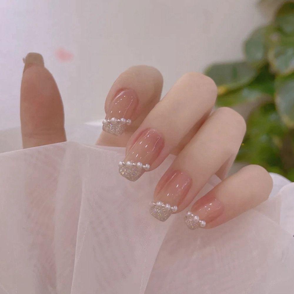 Bộ 24 Móng Tay Giả Đầu Tròn / Vuông Bảo Vệ Toàn Diện Kiểu Pháp