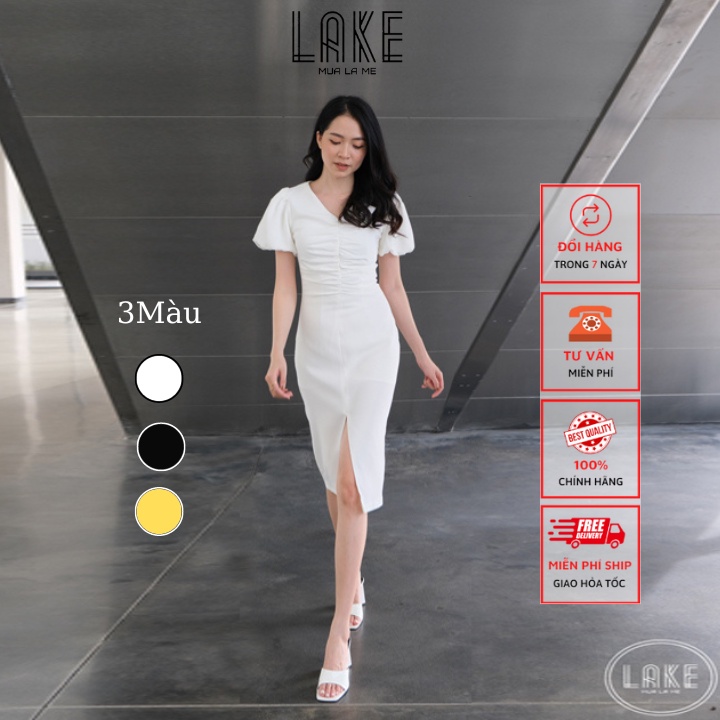 Váy đầm xẻ trước Lake fashion cổ V tay bồng sang chảnh
