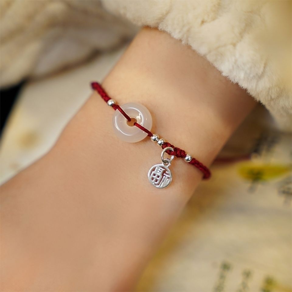 Vòng Đeo Tay May Mắn Bện Dây Đỏ Bằng Đá Chalcedony Tự Nhiên An Toàn