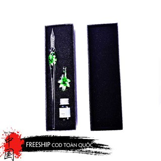 Bút - Bộ bút pha lê màu Xanh Lá có bút, gá bút,mực, hộp chuyên Để Luyện Viết Thư Pháp, Tiếng Trung + CD Ebooks kinh điển