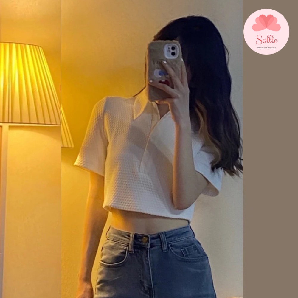 Áo croptop trắng polo chất thun tổ ong ngắn tay, áo nữ kiểu dáng ngắn cổ bẻ, phối cúc ngực Sollle