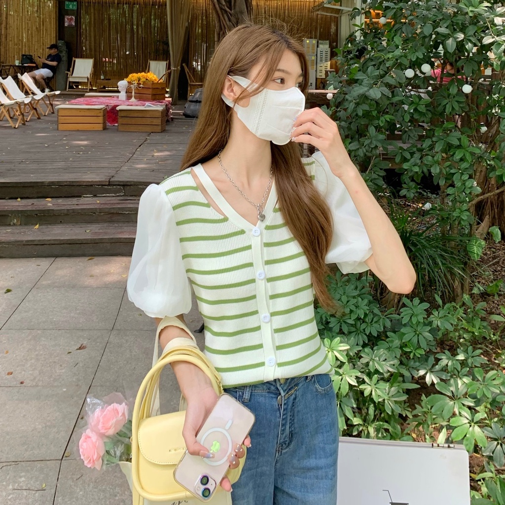 【ZHELIHANGFEI】Áo Thun Tay Phồng Kẻ Sọc Phối Lưới Xinh Xắn Thời Trang Cho Nữ