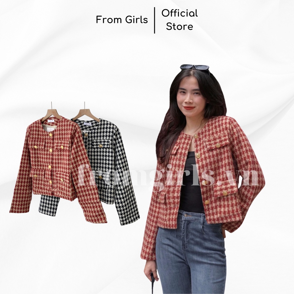 Áo khoác dạ tweed dáng lửng, áo dạ tweed dài tay cài cúc sang trọng - AKH05