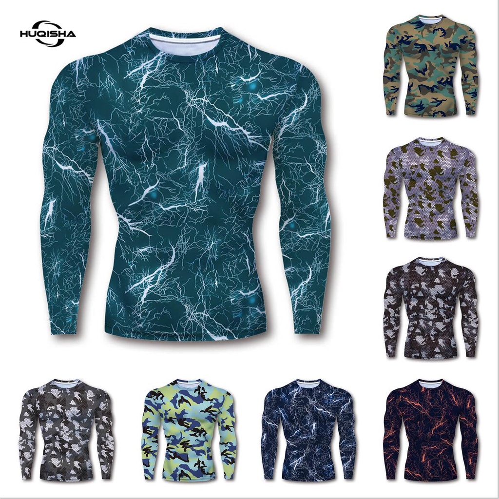 Áo thun HUQISHA tay dài thoáng khí khô nhanh họa tiết rằn ri thời trang mùa hè cho nam