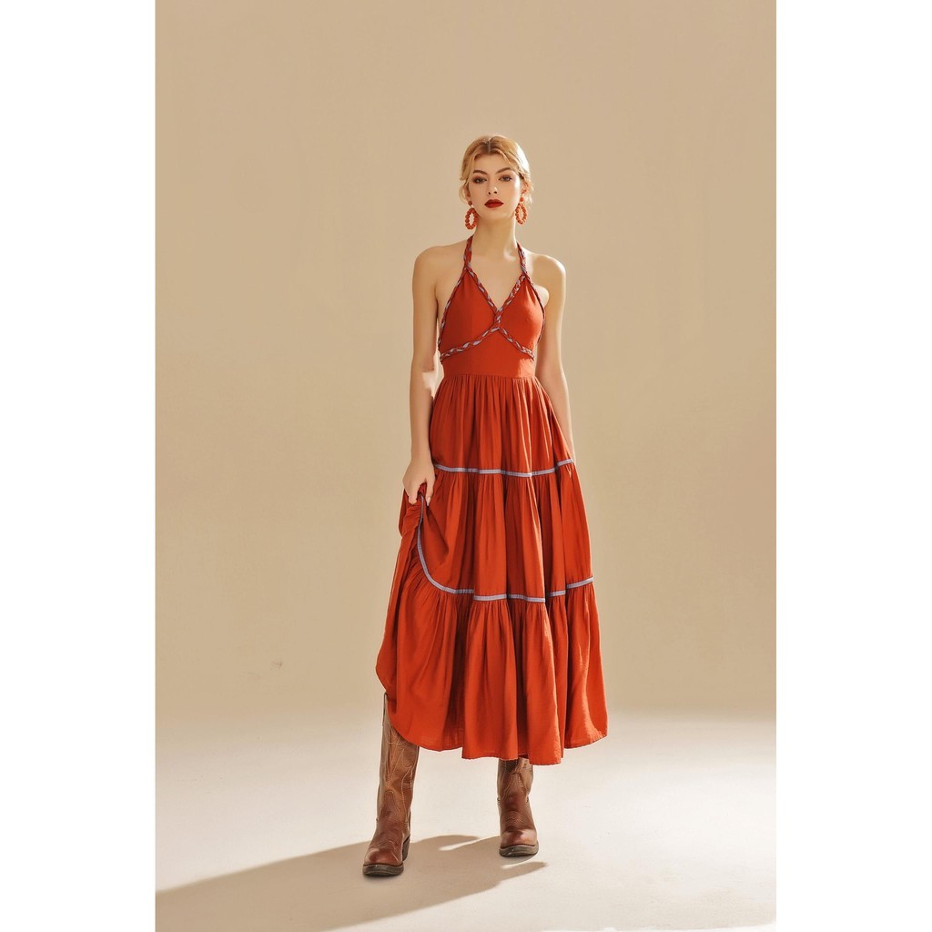 SÒ VINTAGE - KEIRA Đầm xòe cổ yếm dây tết