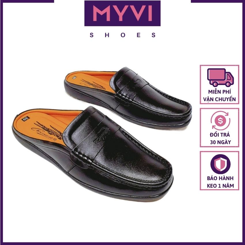 Giày Sục Da Bò Thật Nam Trung Niên, Mũi Vuông, Trang Trí Vintage Cổ Điển & Logo Cá Sấu (Đen) - MyVi Shoes | BigBuy360 - bigbuy360.vn