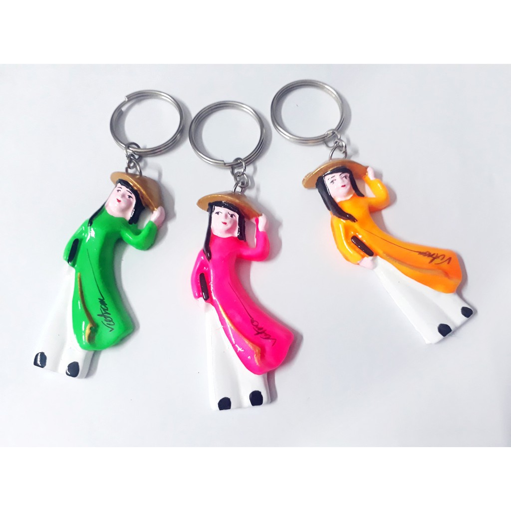 Bộ vỉ 10 Móc khóa cô gái sinh viên nón lá áo dài ôm cặp Việt Nam - 7cm