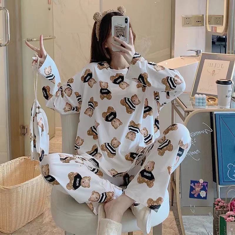 Set ulzzang đồ ngủ thun dài tay gấu Pique DN135 (có ảnh thật) | BigBuy360 - bigbuy360.vn