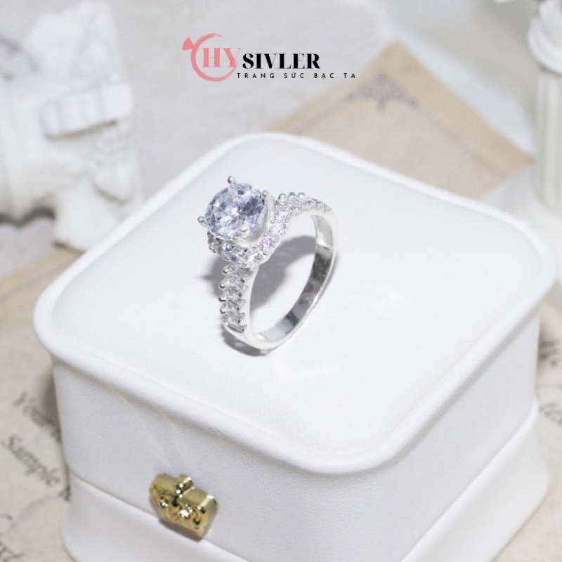 Nhẫn bạc ta nạm đá vuông đá cao dày dặn đá chủ 8 ly nhẫn nữ bạc thật