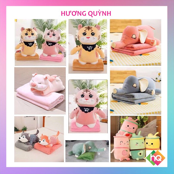 Chăn gối văn phòng hình thú voi xinh, trà sữa, hổ siêu mẫu mới đáng yêu 2in1