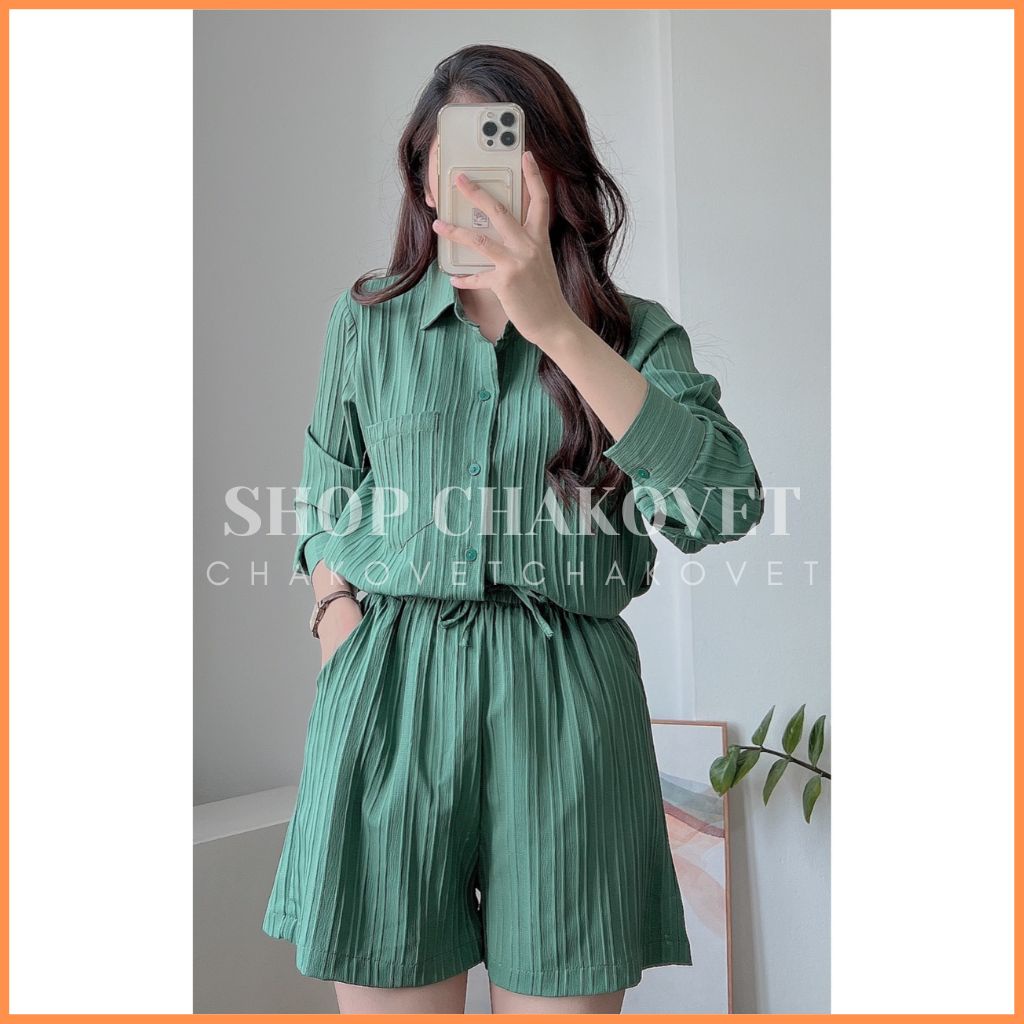 Set áo sơ mi đũi gân xẻ tà tiểu thư S8418 Bộ đồ nữ bánh bèo gồm áo xẻ hông buộc dây kèm quần sooc Ulzzang cực xinh