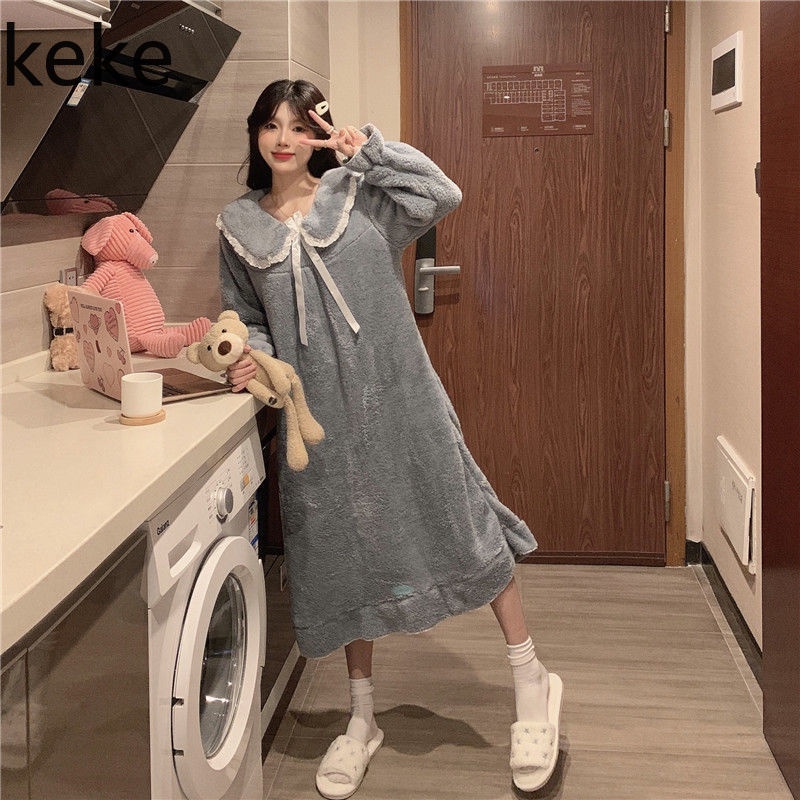 Đầm ngủ tay dài chất nỉ dày dặn giữ ấm thời trang mùa đông xinh xắn cho nữ | BigBuy360 - bigbuy360.vn