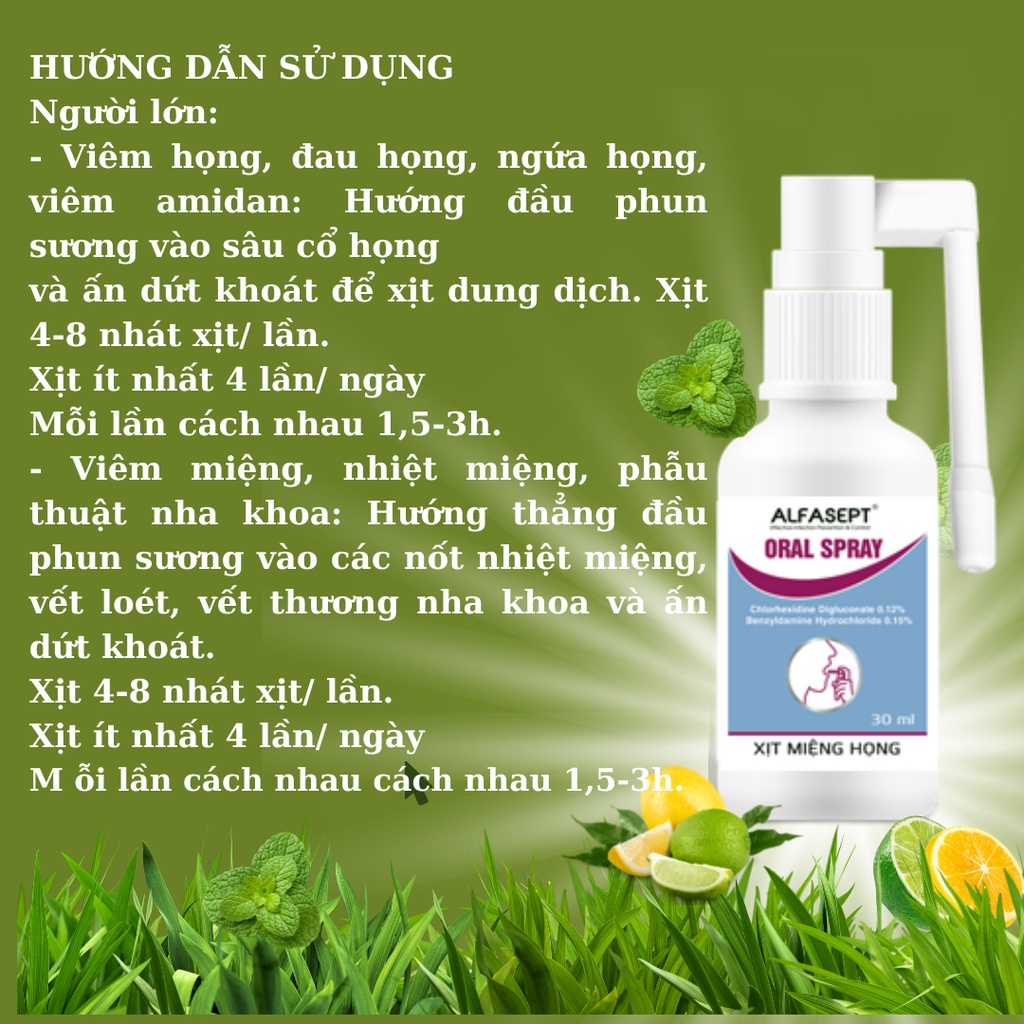 Xịt họng Alfasept Oral Spray 30ml - Giảm ho, giảm đau rát họng, viêm họng họng, viêm răng lợi