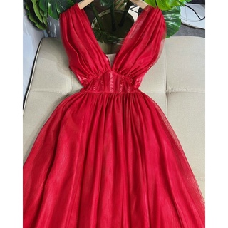 Đầm maxi sát nách lưới phồng dự tiệc / Đỏ