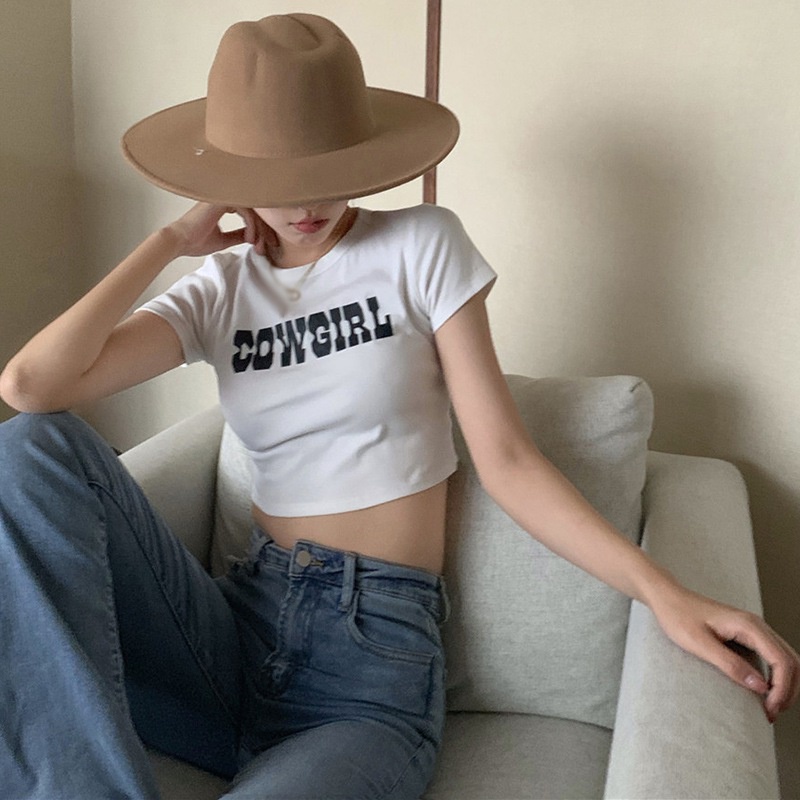 Áo Thun Crop Top Tay Ngắn Cổ Tròn Thoáng Khí In Chữ Phong Cách Hàn Quốc Cho Nữ
