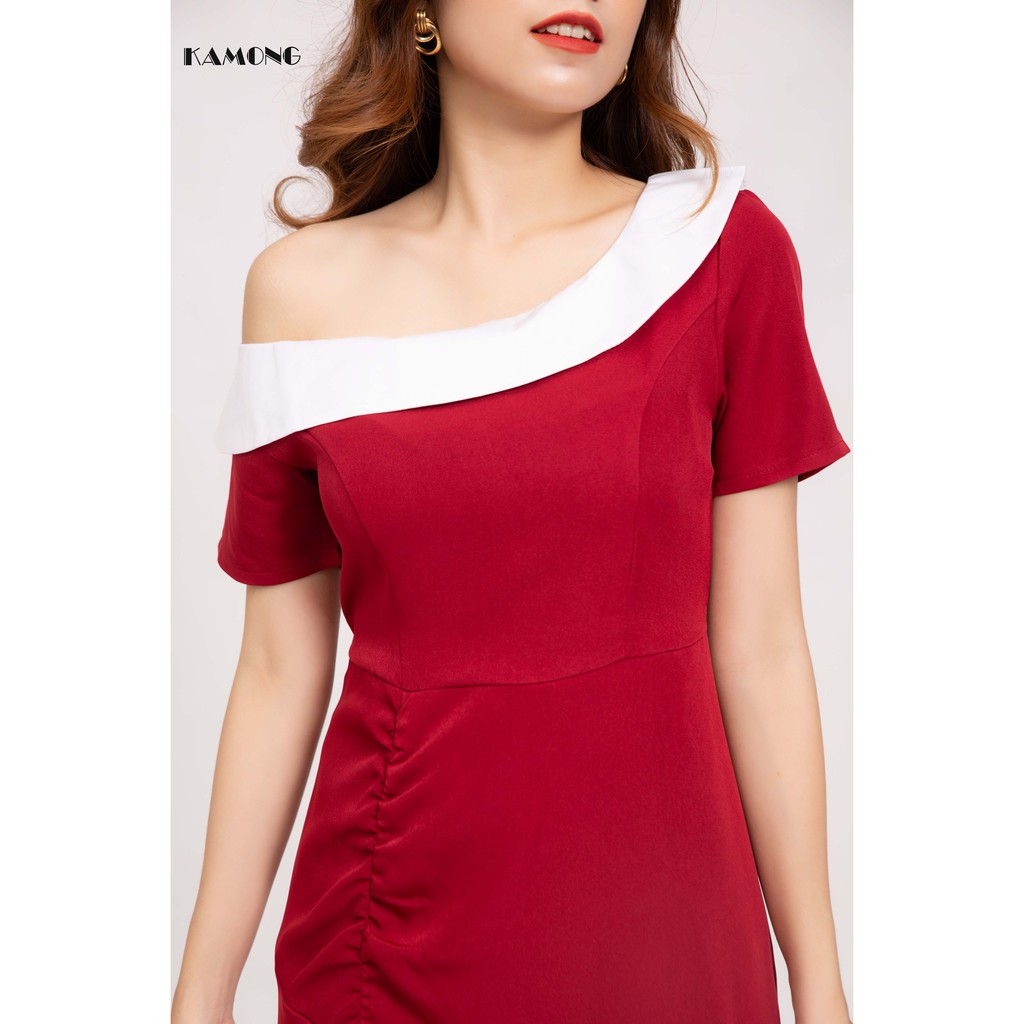 Đầm lệch vai cổ trắng KAMONG D032