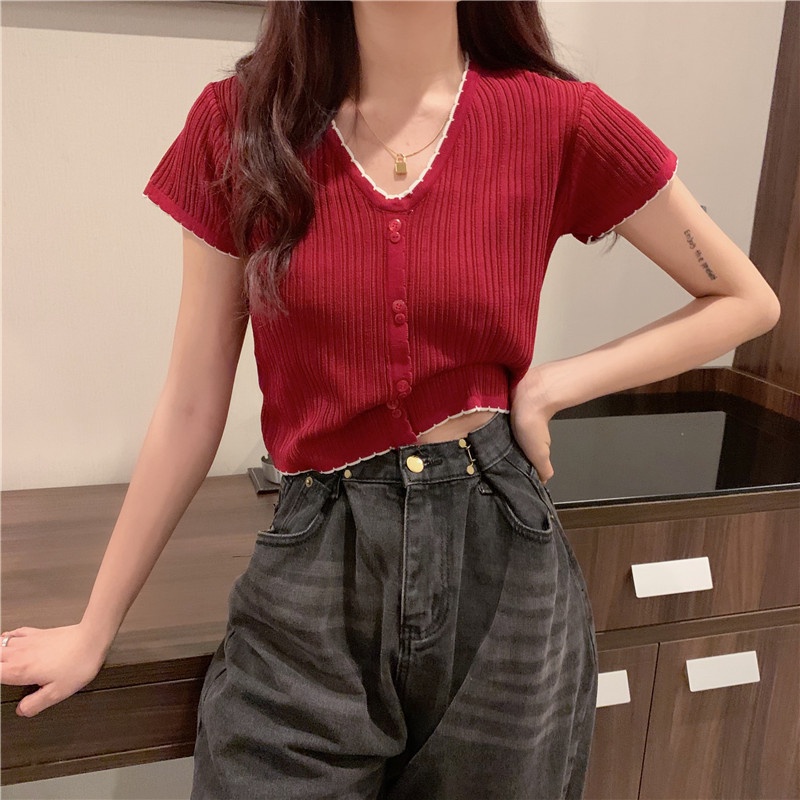 Áo thun dệt kim ZHELIHANGFEI tay ngắn cổ sâu thời trang mùa hè phong cách phương Tây