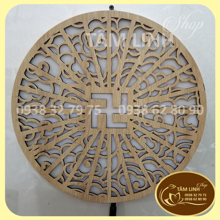 Hào Quang Led Cắt CNC Vân Mây Trên Gỗ Hoa Sen Và Chữ Vạn