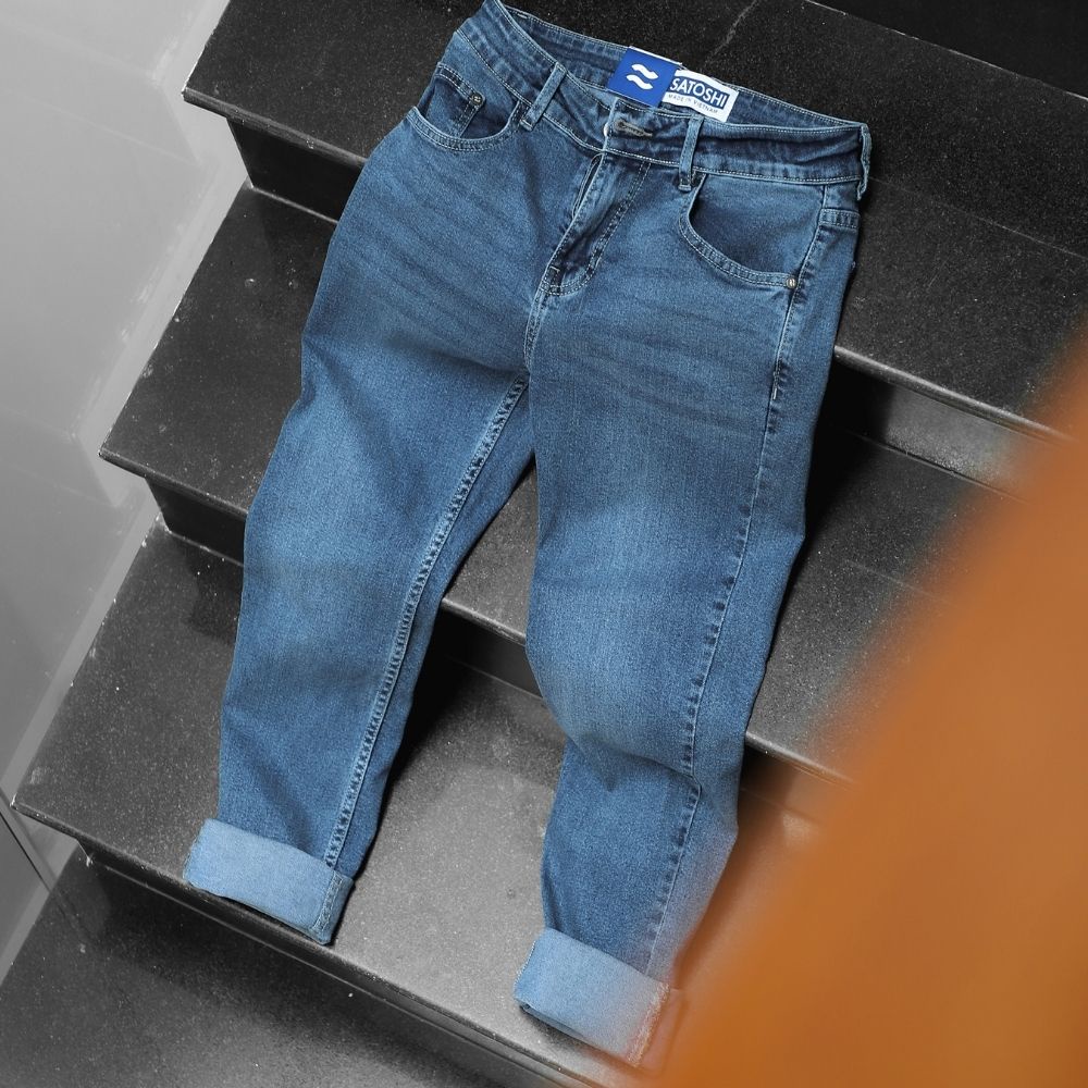 Quần jean nam Satoshi SAQJ38 dáng vừa màu xanh đậm trơn wash basic chất jean co giãn nhẹ