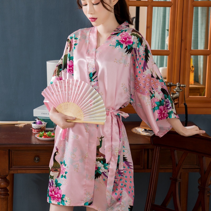 Áo Choàng Ngủ Kimono Vải Lụa Lạnh Mỏng In Hình Chim Công Thời Trang Mùa Hè Mới Cho Nữ