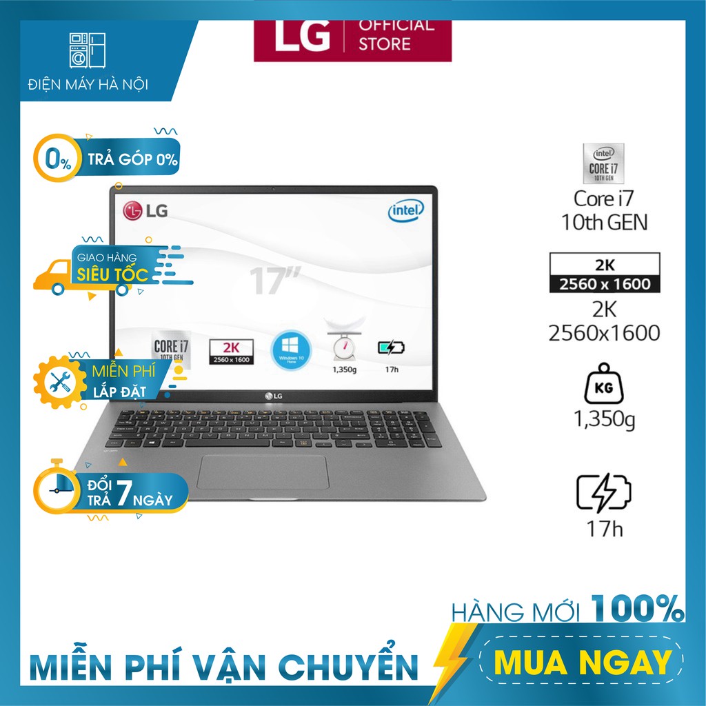 Laptop LG Gram 2020 17Z90N-V.AH75A5(Core i7-1065G7/8GB/512GB/17 WQXGA IPS/Win10/Silver) | BigBuy360 - bigbuy360.vn