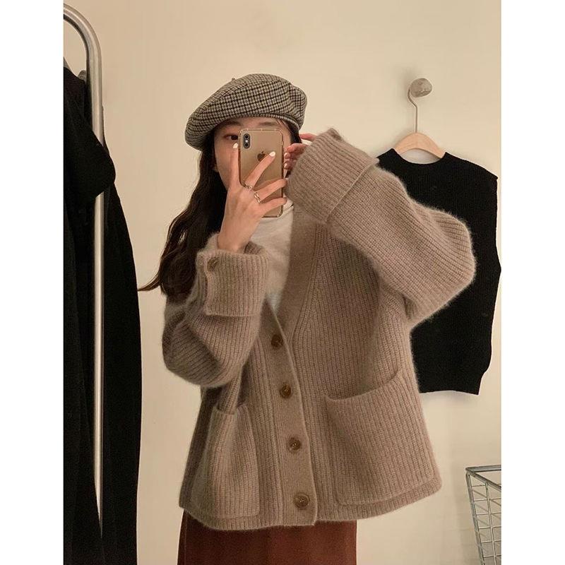 Mori Series First Love Milk Áo Khoác Cardigan Sweater Dệt Kim Mềm Màu Xanh Dương Sữa Cài Khuy Măng Sét Thiết Kế Túi Lớn Phong Cách Hàn