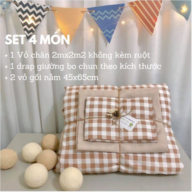 Bộ Chăn Ga Gối, Ga Giường Cotton Poly 5 Món M2, M6, M8, 2M2 Kẻ Hàn Quốc, bo chun drap giường miễn phí - Queen Décor | BigBuy360 - bigbuy360.vn