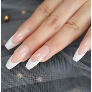 bộ 24 móng tay giả nude fom thang viền trắng