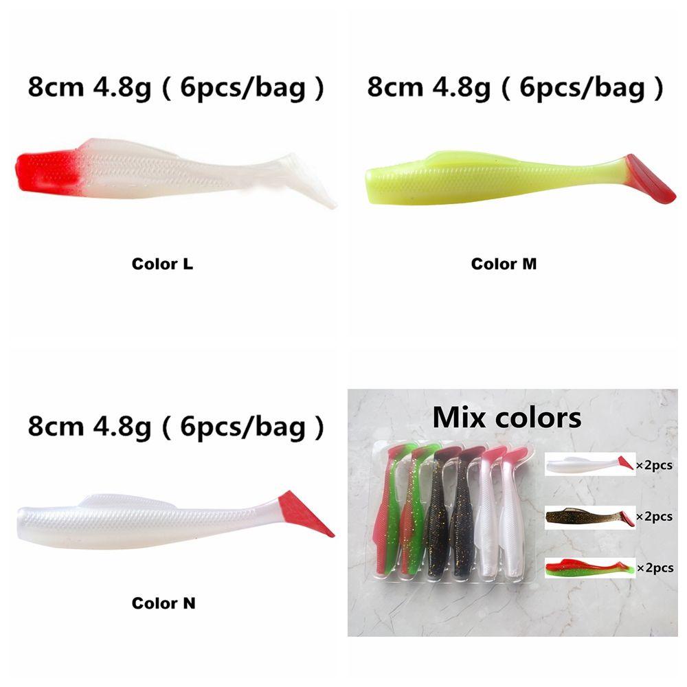 LETTER 6pcs/lot High Quaility Soft Plastic Lure Swim Single T Tail Fishing Worm Bait Artificial Double Color Durable Hot 8cm/4.8g Capuchin Maggot