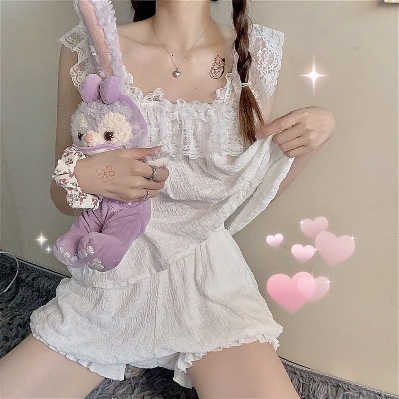 Bộ đồ ngủ phối ren phong cách mùa hè ngọt ngào gợi cảm cho nữ