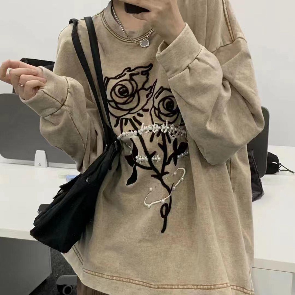 Áo Sweater Cổ Tròn Dáng Rộng Thêu Hình Hoa Hồng Thời Trang Thu Đông Phong Cách Retro Mỹ Mới