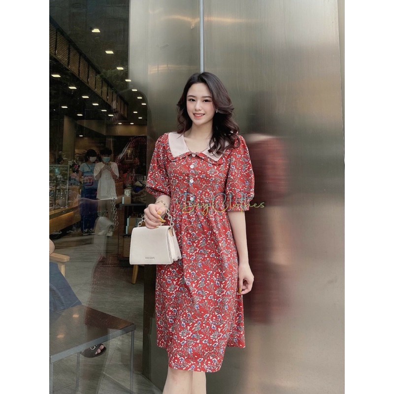 Váy đầm bigsize hoa nhí có lưng thắt eo màu đỏ thiết kế cổ bèo trắng sang chảnh thoáng mát từ 45kg đến 75kg | BigBuy360 - bigbuy360.vn