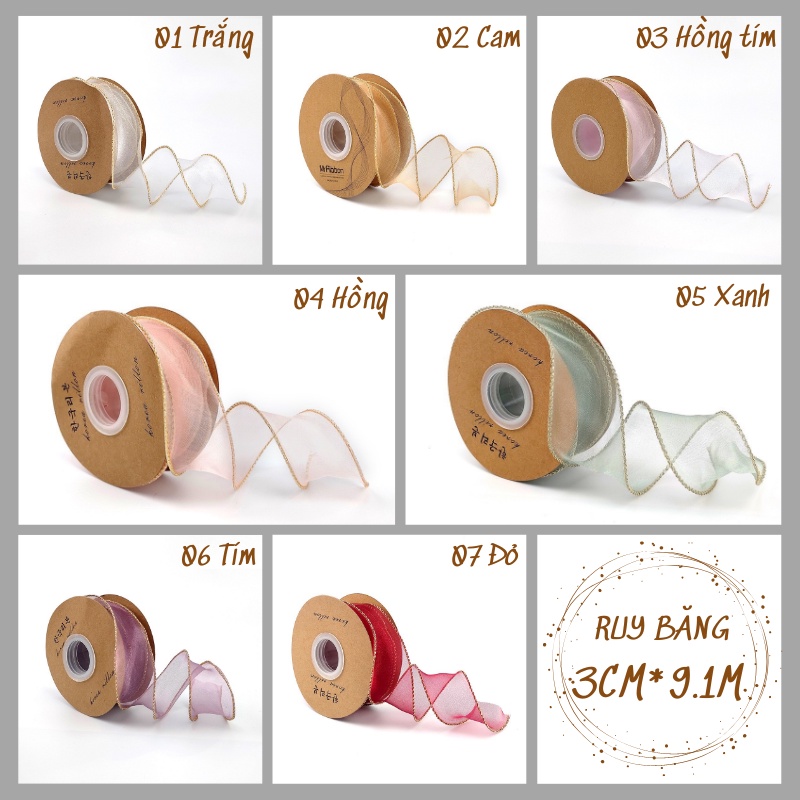 [Cuộn 9.1m] Dây Ruy Băng Voan Sóng ❤️VIỀN VÀNG KIM TUYẾN❤️ Bản 3cm, Trang Trí Quà Tặng - Bó Hoa - Làm Nơ