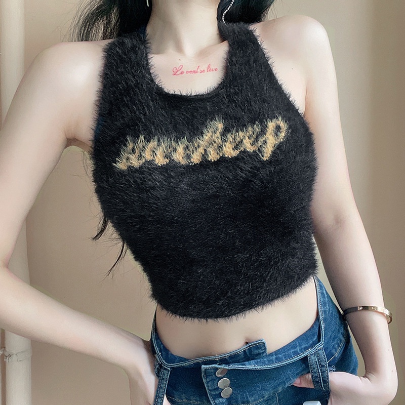 Áo croptop ZHELIHANGFEI sát nách hở lưng in chữ phong cách quyến rũ thời trang