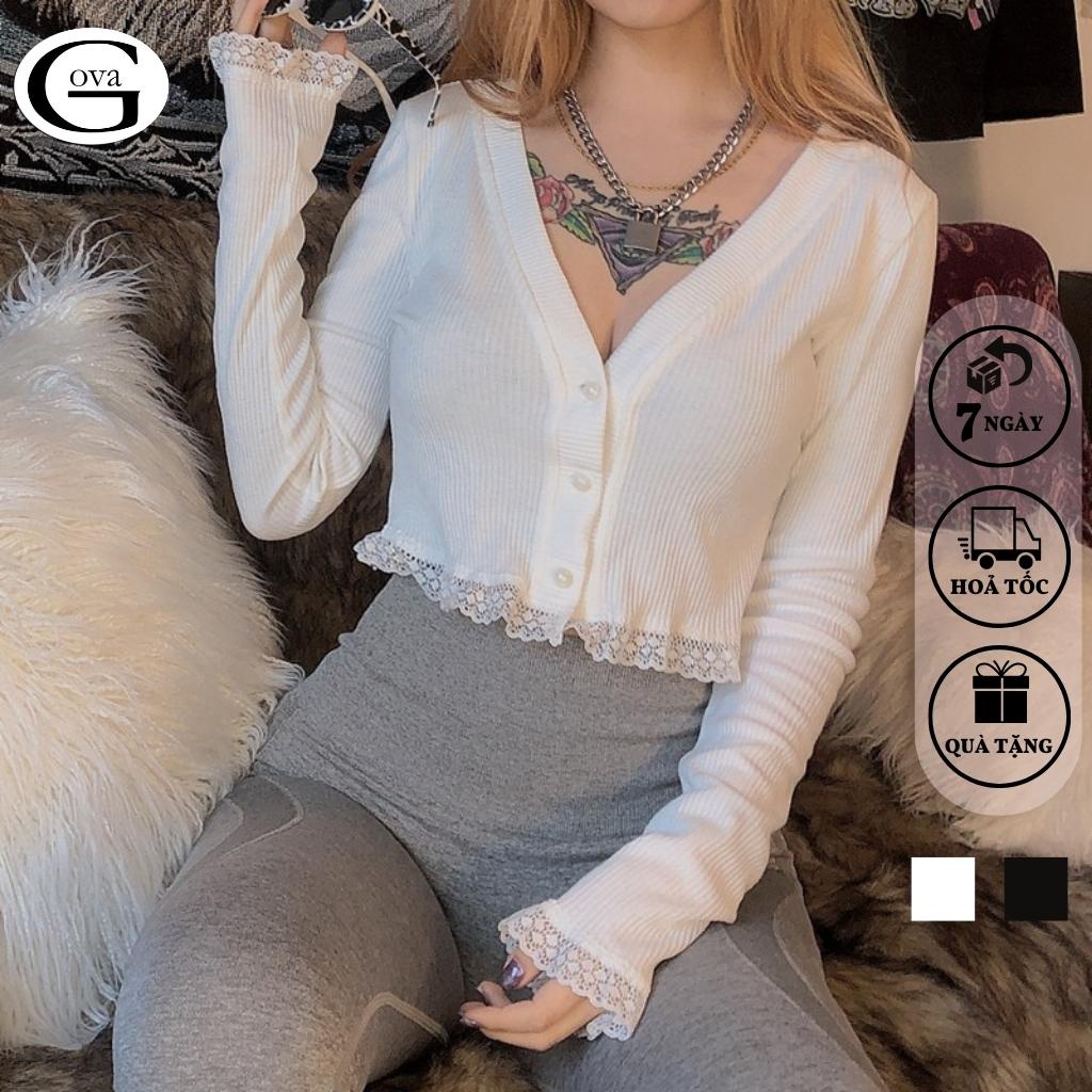 Áo Croptop tay dài phối ren Hot Trend Áo kiểu nữ ôm chất thun Cao Cấp gân mềm mát