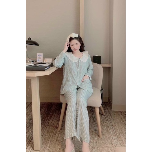 Bộ bầu và sau sinh,  dài tay kẻ, cổ sen ren siêu xinh, có khoá kéo cho bé ti (45-70kg) A001