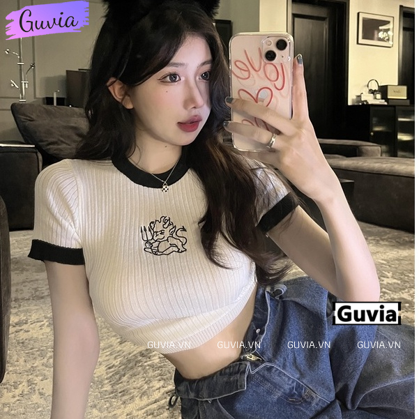 Áo Croptop Ôm Body Nữ DEVIL THÊU Cổ Tròn Tay Ngắn, Áo Thun Croptop Kiểu In Họa Tiết GUVIA CR93