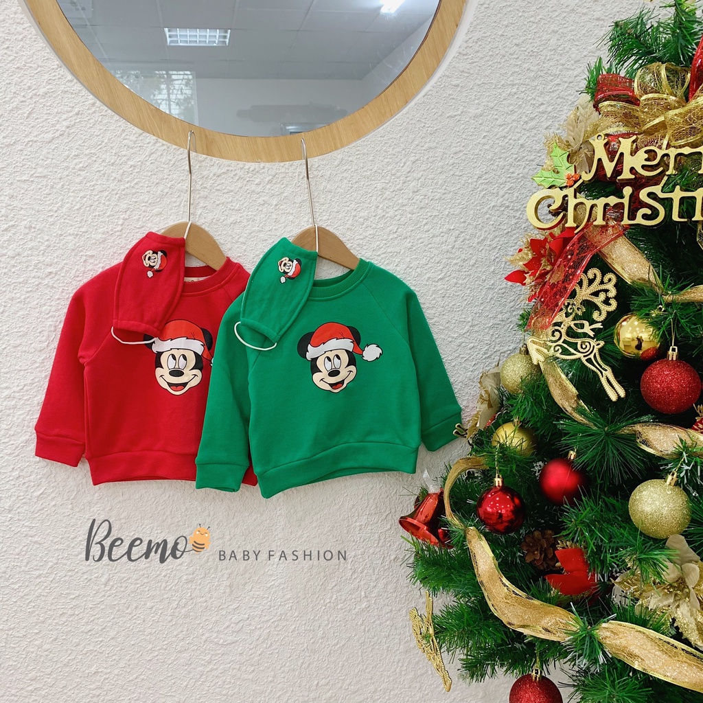 Áo Noel nỉ da cá Beemo dài tay tặng kèm khẩu trang cao cấp, áo nỉ da cá hoạ tiết Mickey Noel cho bé trai/bé gái