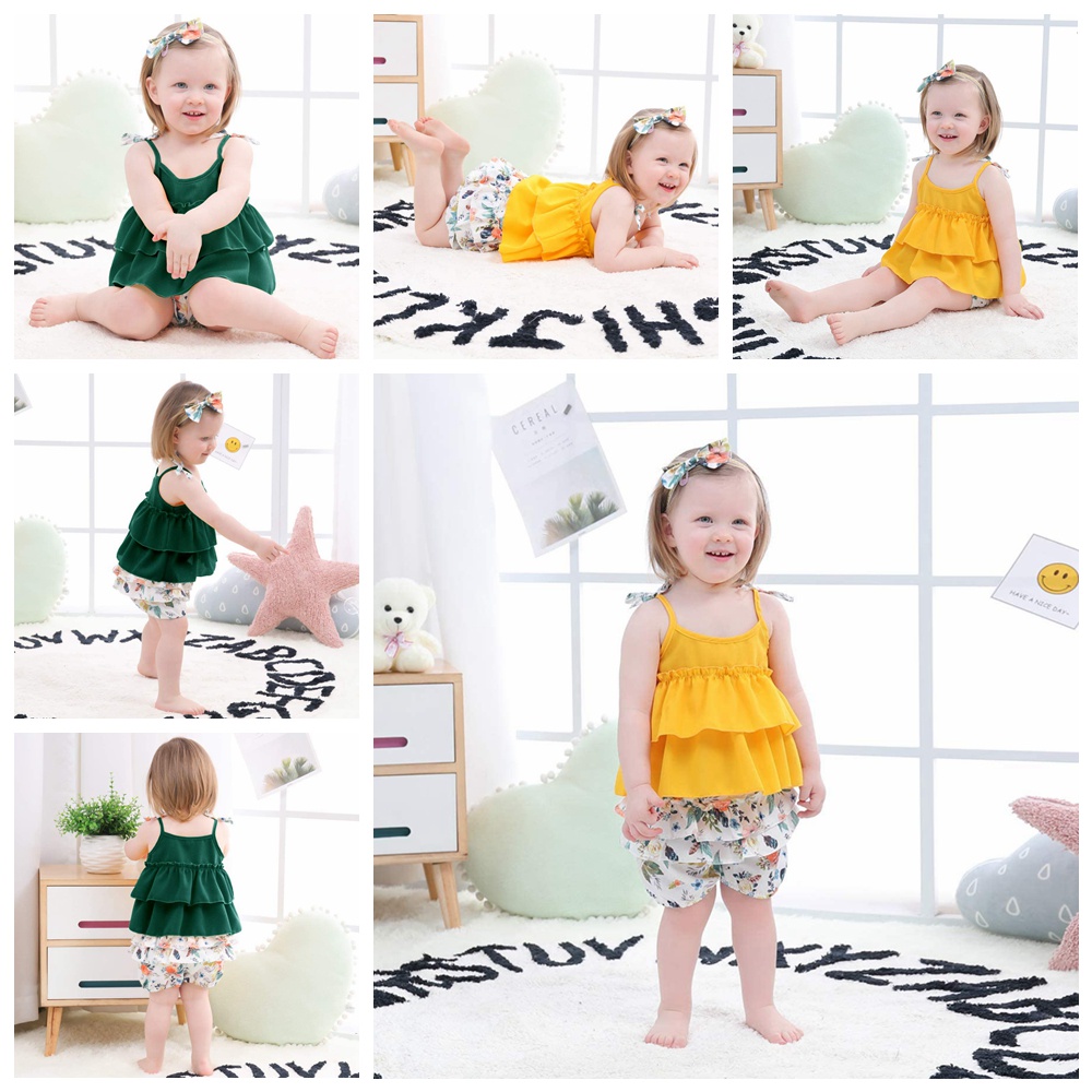 Set Đồ Mùa Hè 3 Món Gồm Áo Hai Dây + Quần Ngắn In Họa Tiết Hoa + Băng Cài Đầu Cho Bé Gái 1-5 Tuổi