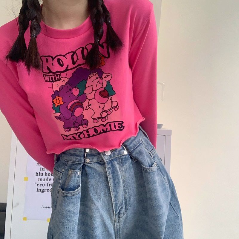 Áo Thun Cotton Tay Dài Hở Rốn In Họa Tiết Hoạt Hình Màu Đỏ Hồng Thời Trang Cho Nữ