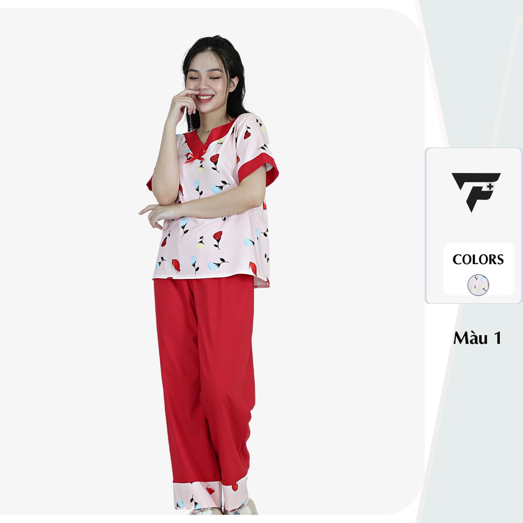 Bộ pijama đồ ngủ lụa tiểu thư quần dài tay ngắn họa tiết nơ dễ thương FPLUS 305