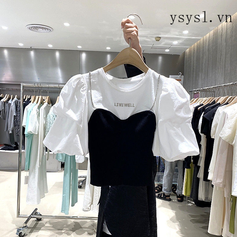 Áo Thun Tay Ngắn Phồng Cổ Tròn Giả Hai Mảnh Thiết Kế Mẫu Mới 2022 Phong Cách Hàn Quốc Thời Trang Mùa Hè Dành Cho Bạn Nữ