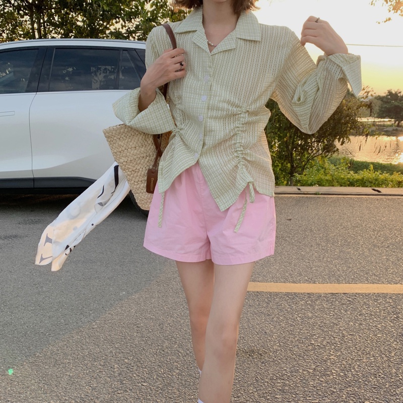 Áo Sơ Mi Tay Dài Phối Dây Rút Màu Xanh Lá Thiết Kế Đơn Giản Phong Cách Hàn Quốc Thời Trang Mùa Hè Cho Nữ