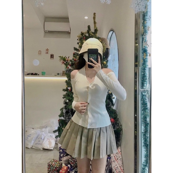 [HÌNH THẬT]SET VÁY XẾP LY ÁO CỔ YẾM TRẮNG