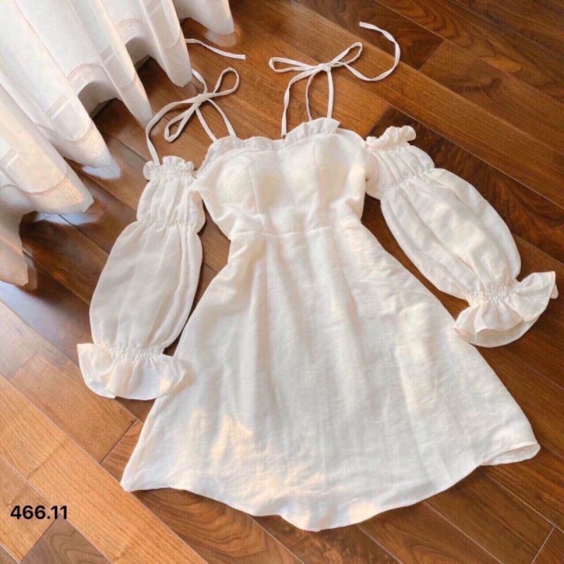 Đầm xòe hai dây buộc nơ vai tay dài dễ thương