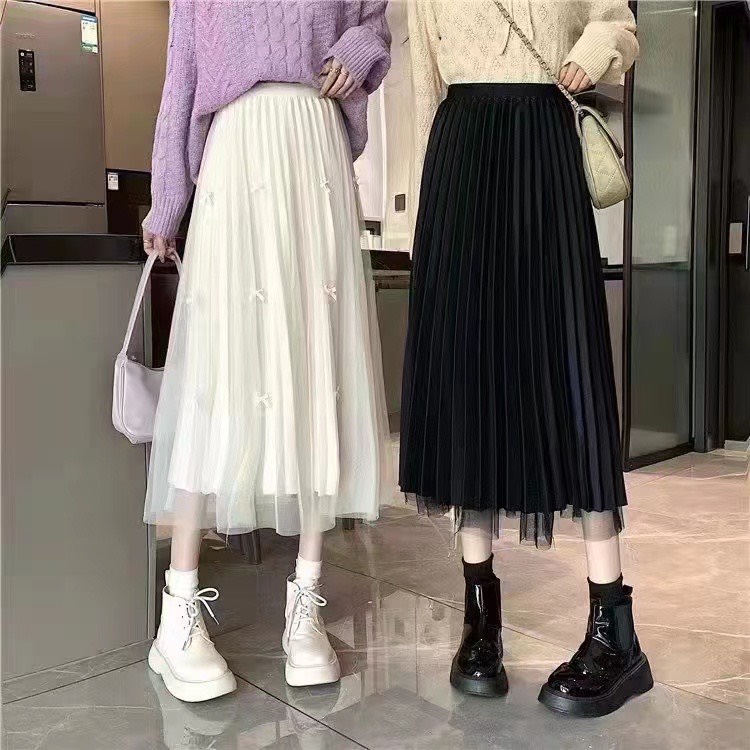 🔥🔥CHÂN VÁY XẾP LY dáng dài midi đính nơ LƯỚI voanQCCC 3 lớp công chúa bánh bèo tiểu thư