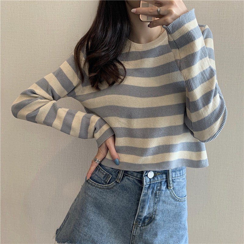 Áo len nữ mỏng croptop màu kẻ ngang tay dài cổ tròn chất đẹp hàng quảng châu thời trang thu đông kiểu 2020