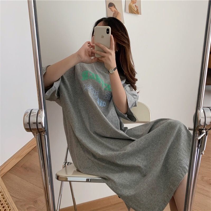 Đầm Thun Dài Qua Gối Tay Ngắn Dáng Rộng Thời Trang Mùa Hè Xinh Xắn Cho Nữ