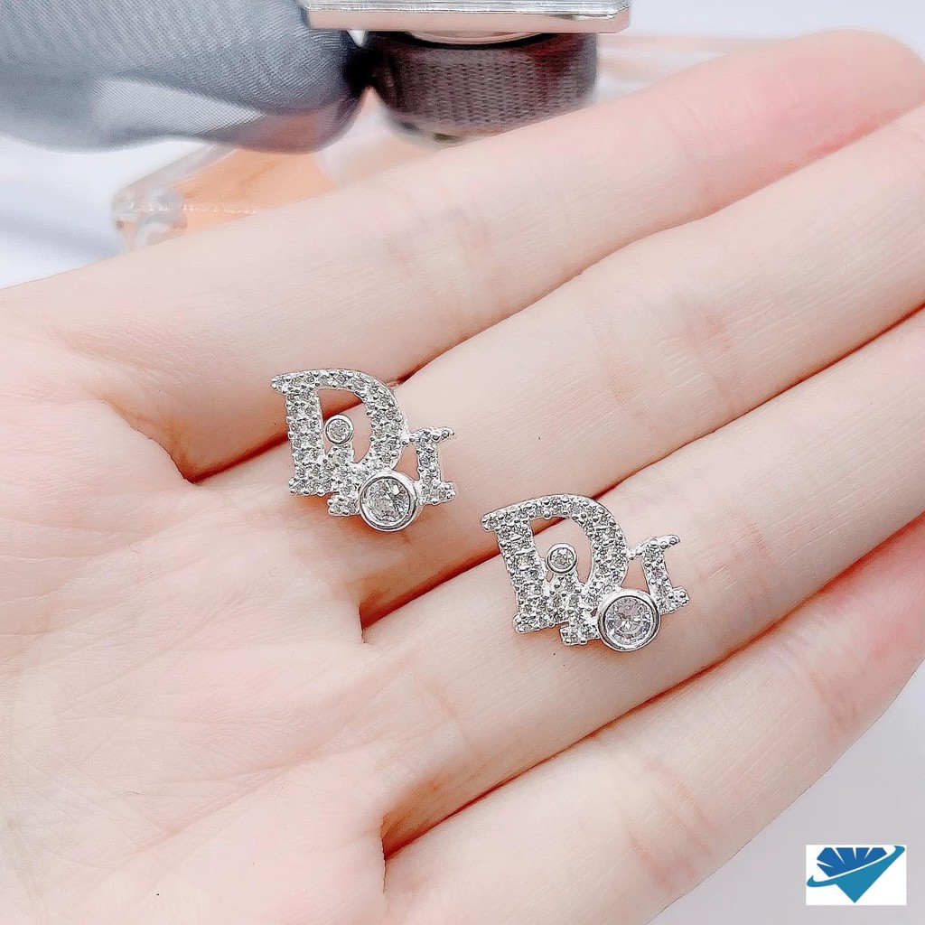 Bông tai bạc ta chốt thẳng chữ di - or gắn đá sang chảnh - khuyên bạc Bibi