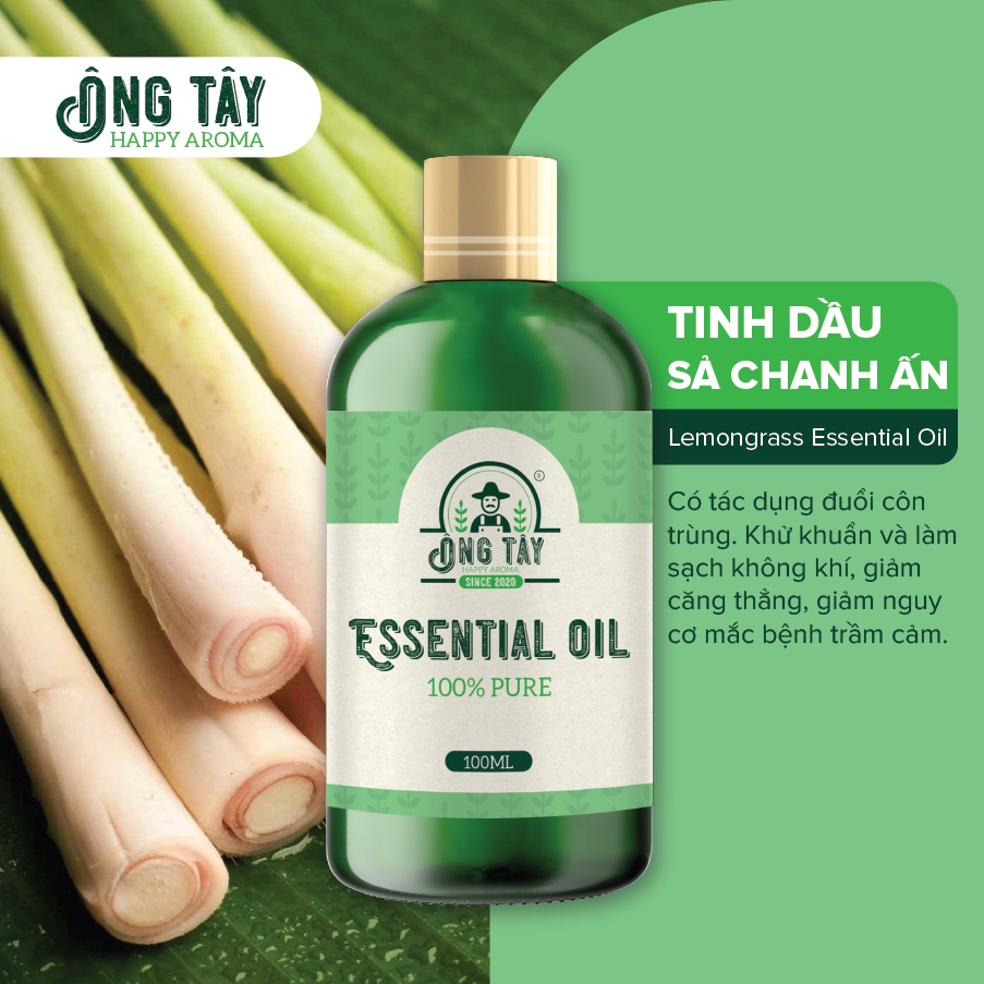 Tinh dầu Sả Chanh Ấn hữu cơ nguyên chất làm thơm phòng lau sàn đuổi muỗi